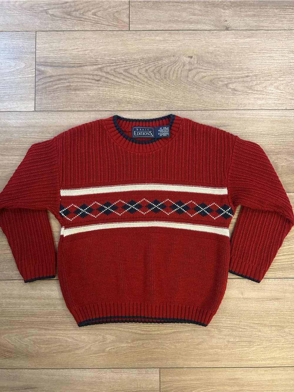 Vintage 90s Basic Editions Kids Sweater 4/5 USA Made Red Fair Isle